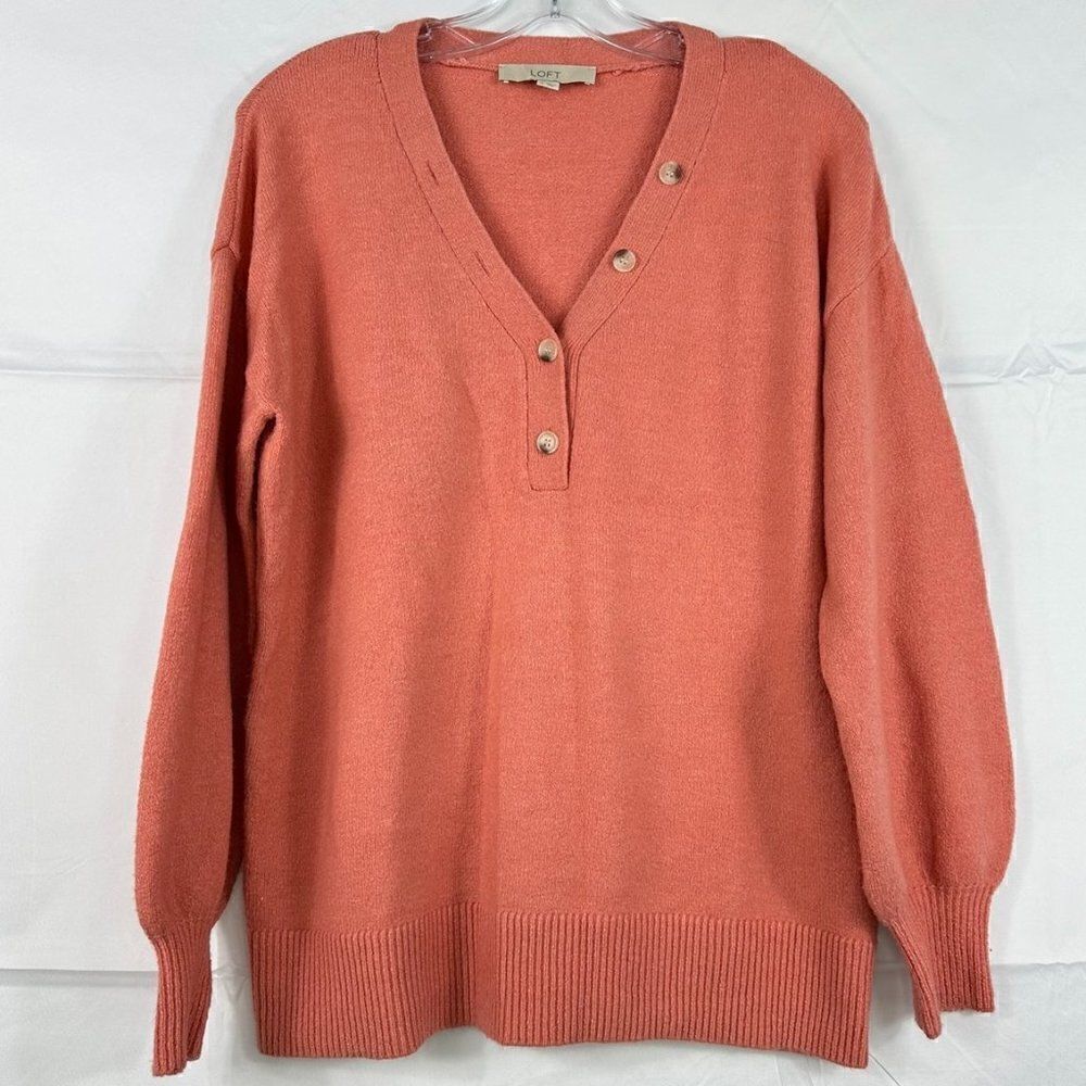 Loft Coral V-Neck Button Henley Sweater, Size Small
